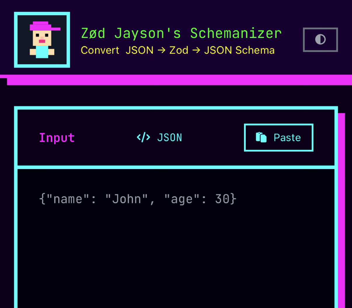 Schemanizer showing JSON input converted to a Zod schema