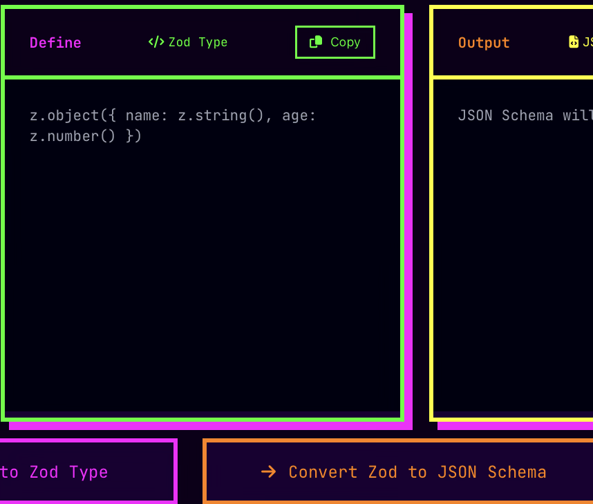 Schemanizer showing Zod schema converted to JSON Schema
